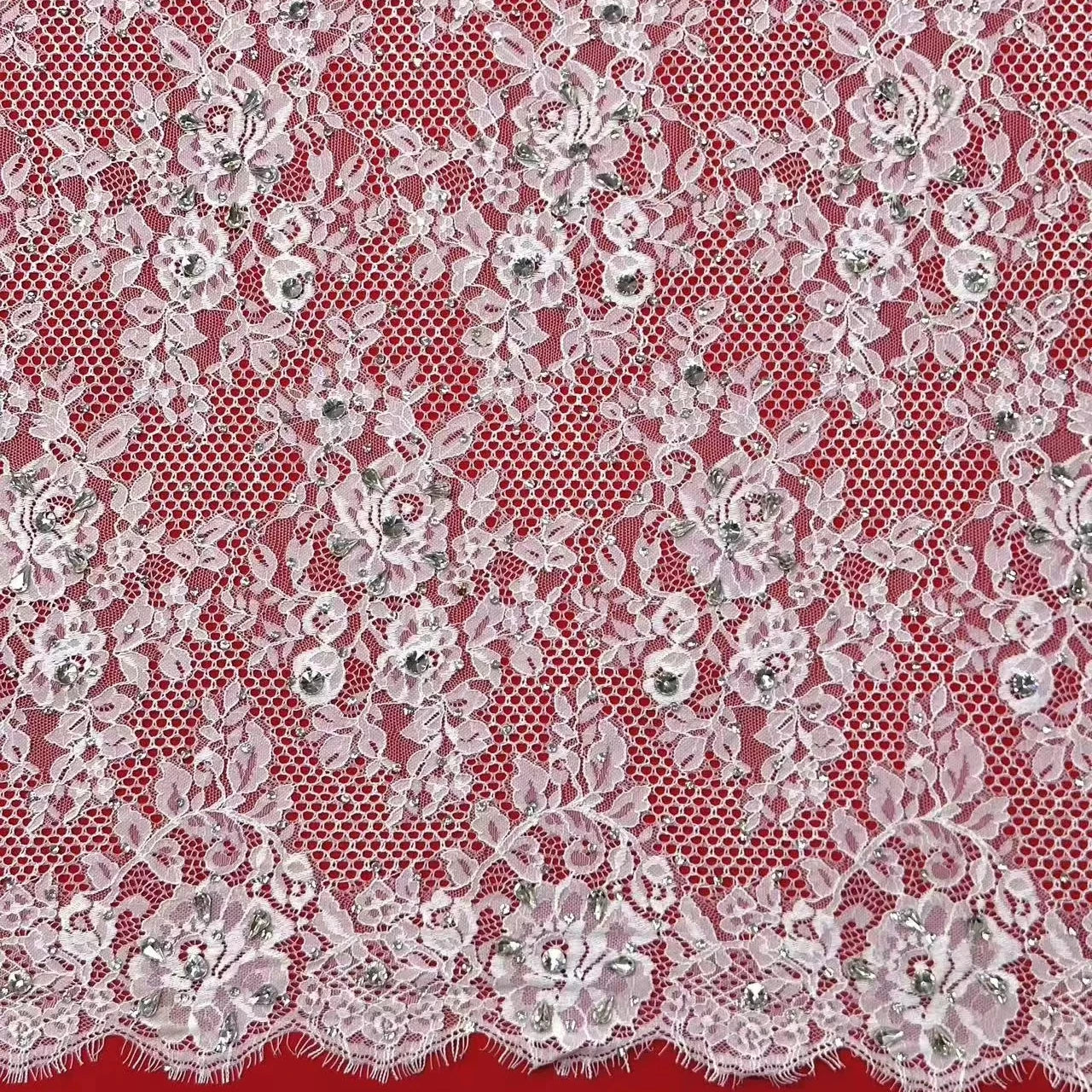 Italian Designer Swarovski Rhinestone Fabric on White Solid Mesh