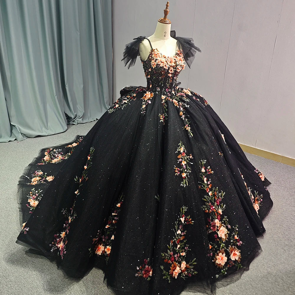 Jancember 1255 Glitter Black Spaghetti Strap Appliqued Flower Ball Gown Quinceanera Dresses