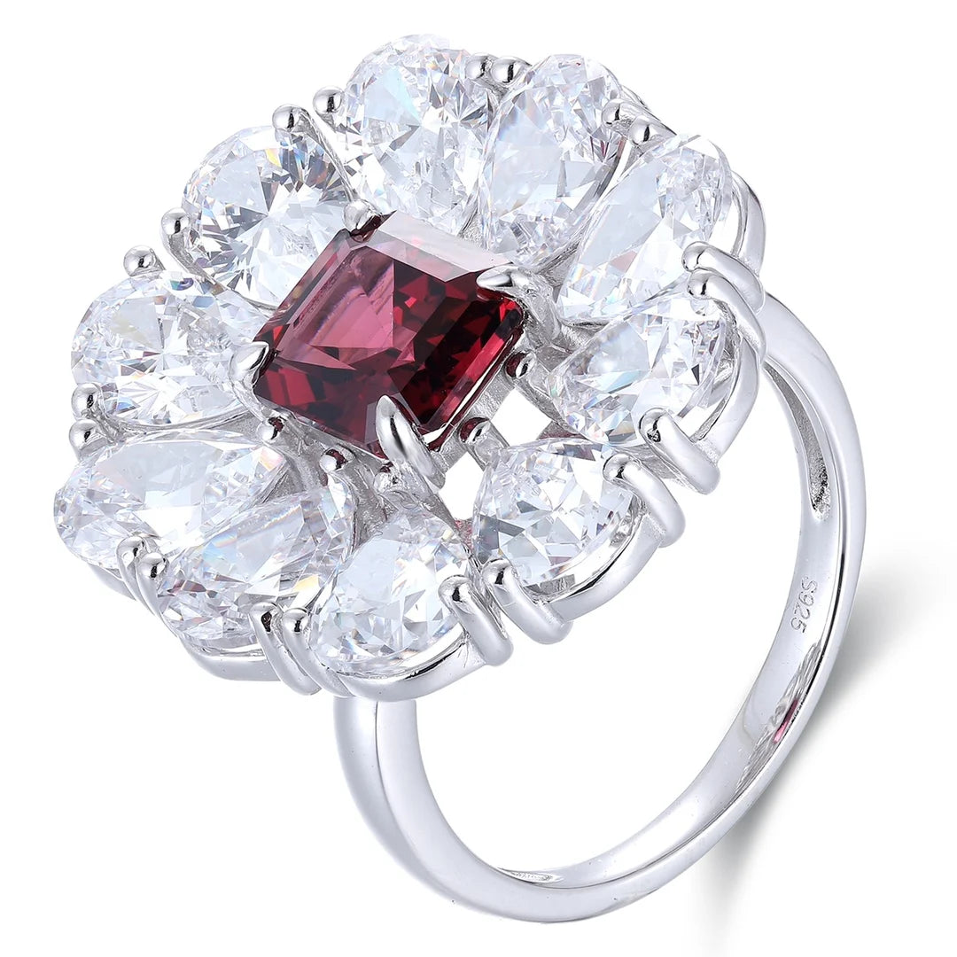 Lab Grown 2.14CT Natural Red Garnet Gemstone Ring in 925 Sterling Silver with Sparking GRA Certified Moissanite Fine Bridal