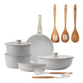 10-Piece Beige Cookware Set with Removable Handles 3 Frying Pans 2 Saucepans Lids and Utensils + 3-Piece Kitchen Utensil Set