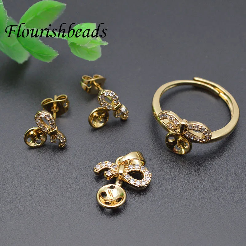 18K Gold Plated  Brass Copper CZ Paved Bowknot Pendant Earring Ring DIY Set for Girl Women