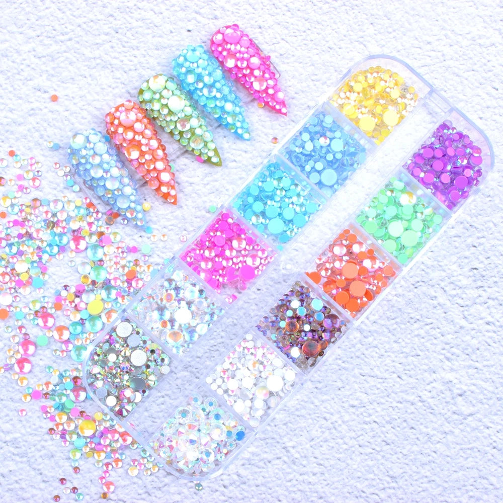 Aurora New Candy Colors Mermaid Nail Beads Crystal Rhinestones Twelve Gird Flatback Glue DIY 3D Nail Art for Garment Shoes