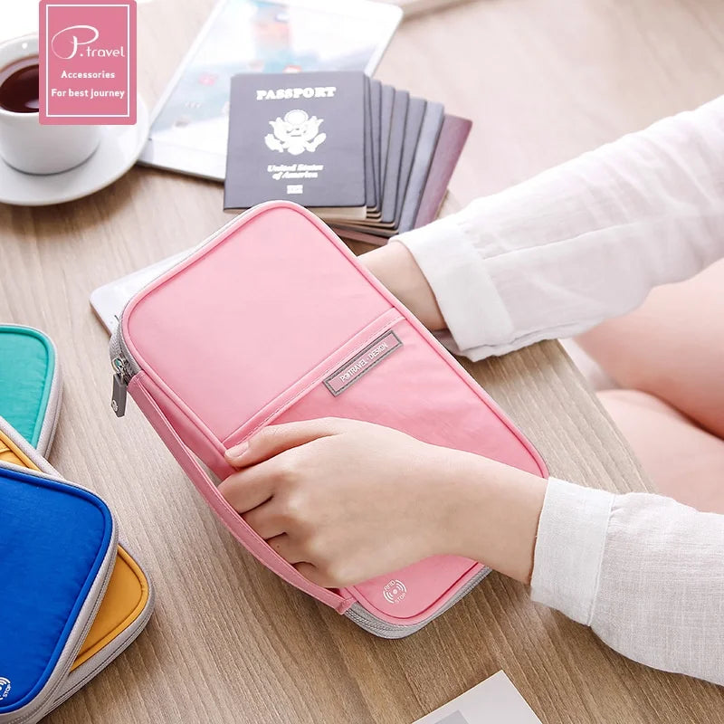 Unisex RFID Blocking Zipper Closure Wallet Portable Travel Family Organizer Logo Pattern Short Passport Pouch Polyester Lining