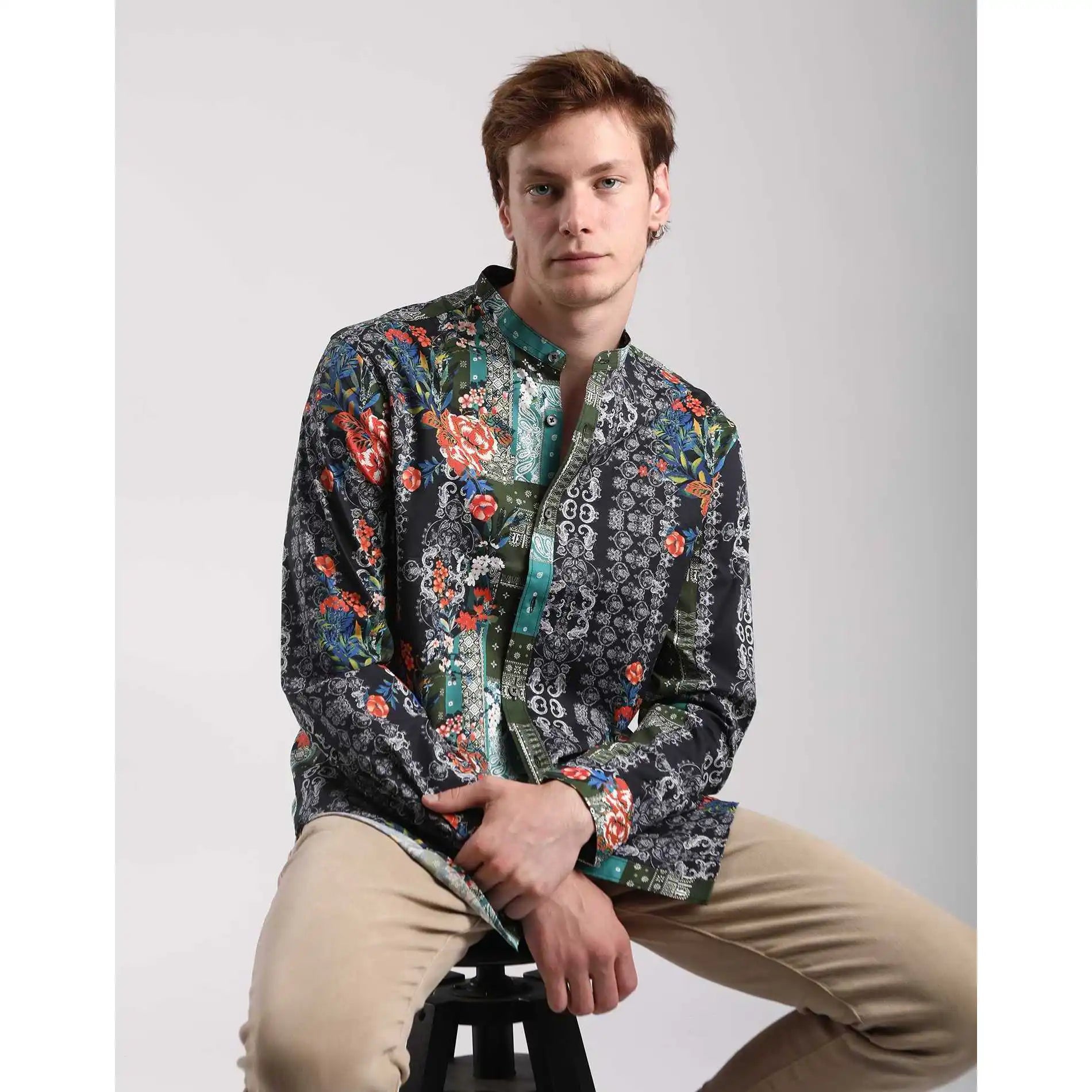 Imperio Shop Men's Slim Fit Long-Sleeved Casual Print Breathable Fantasy Shirt Blue Size S