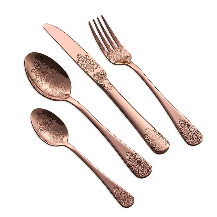 Royal Embossed Pattern Stainless Steel 18/10 Mirror Polish Laser Logo Rose Gold Classic Customized Printing Vintage Catering