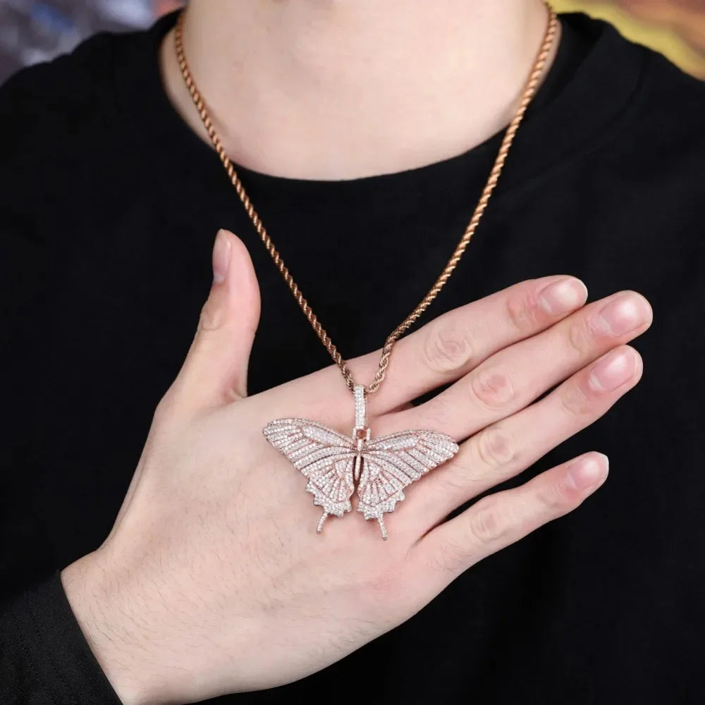 New Brass Gold Plated Hip Hop Style Butterfly Pendant Necklace Rope Chain Lab Created Zircon Exquisite Animal Charm Unisex