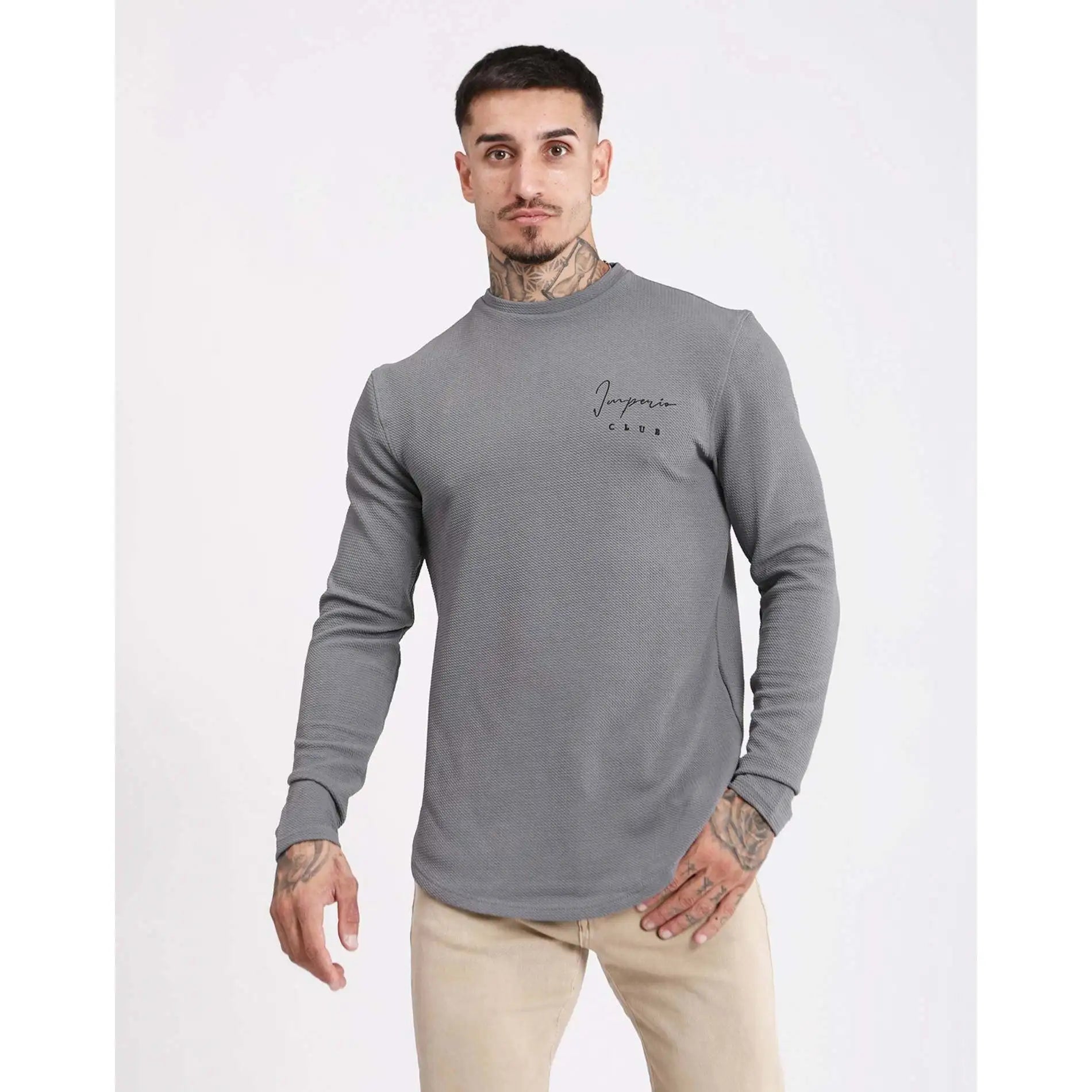 Men's White Slim Fit Casual Long-Sleeved T-Shirt with Empire Embroidery Breathable Design by Imperio Shop
