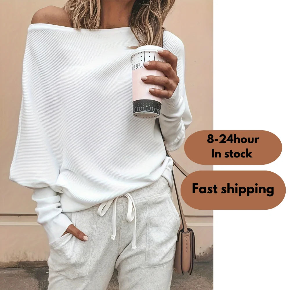 Fashion Casual Washed Long Sleeves Women Crewneck Lightweight Knitted Loose Ribbed Hem Spring Fall Fit Pullover Polyester