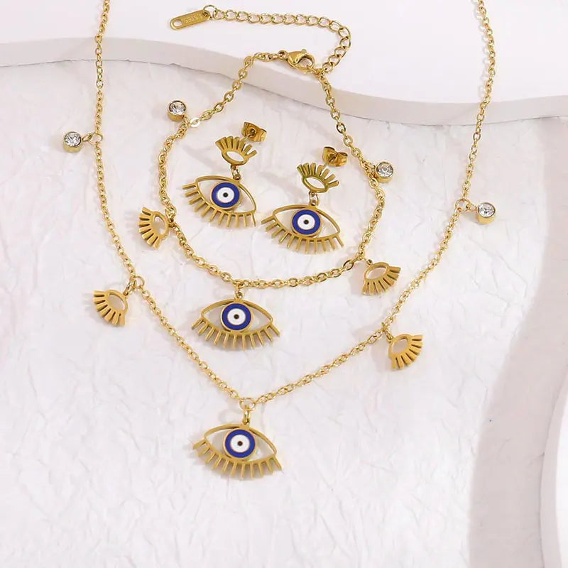 Tarnish Free Fashion Eye Charm 18K Gold Plated Stainless Steel Wholesale Jewelry Set Bracelet Earrings Pendant Necklace