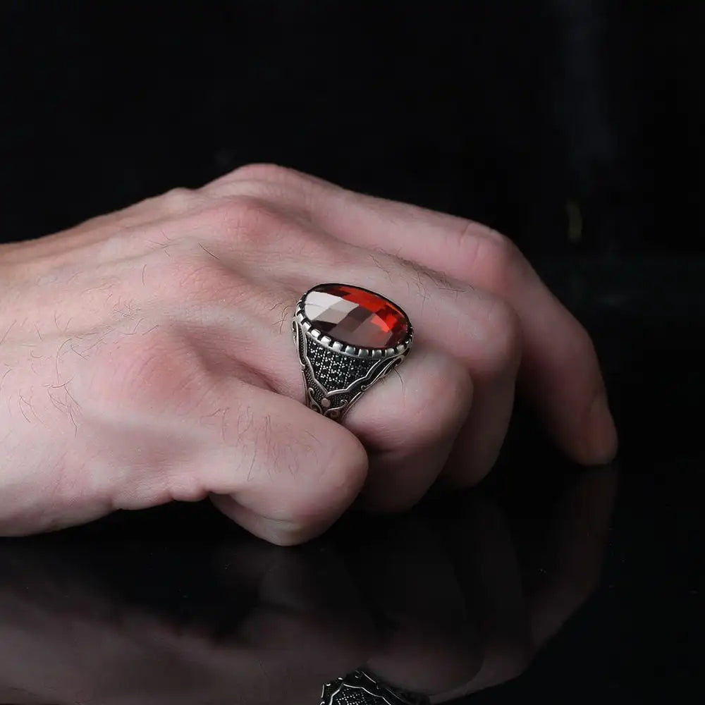Azuris Turkey 925 Sterling Silver Men's Ring Ottoman Style Natural Black Stone Model VALKH1446