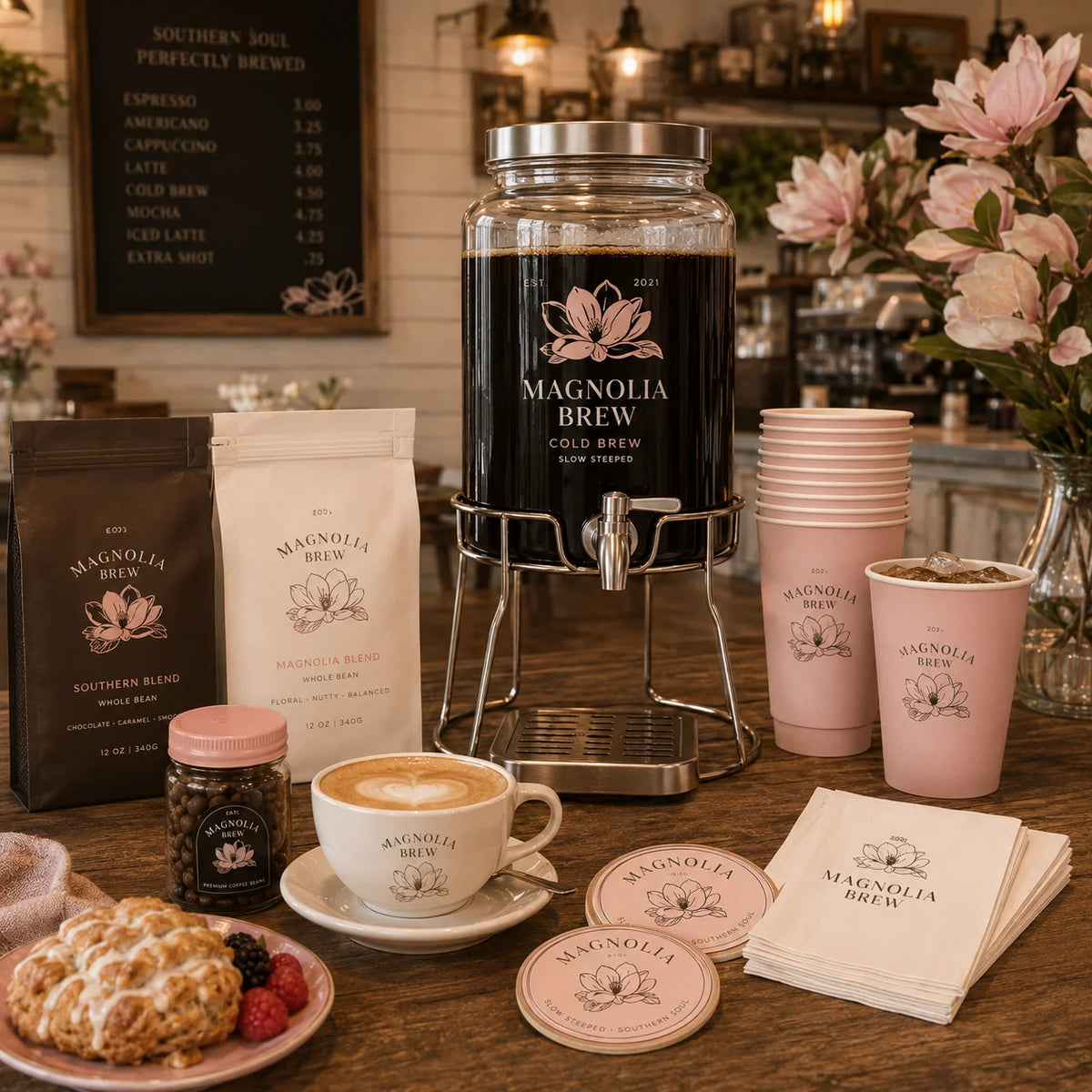 AT PACK Custom Coffee Shop Packaging Commercial Cold Dispenser Set with Tasting Glasses Cups Coffee Bags and Café Accessories MegaBDM