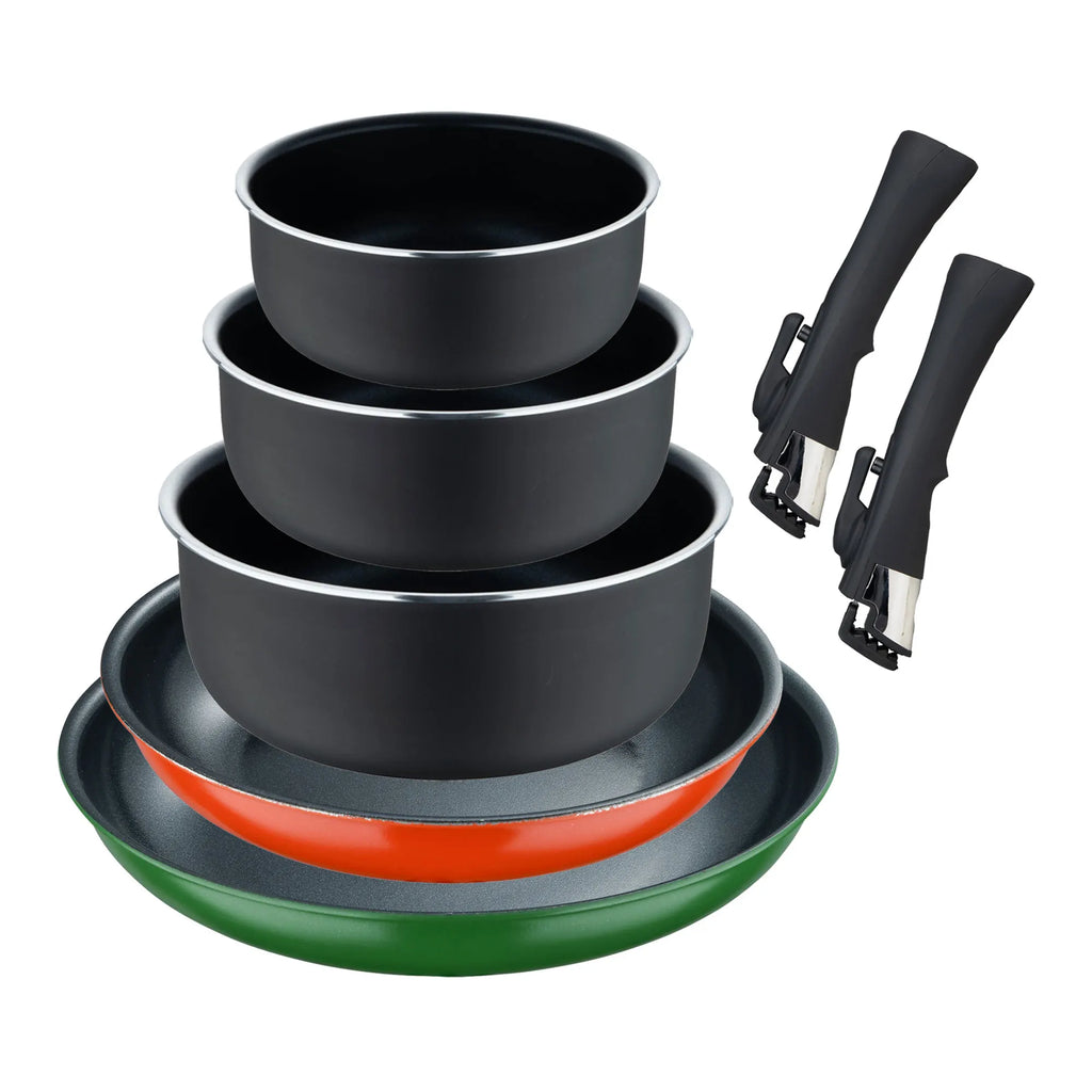Set of 2 frying pans 22/26cm in 2 colors + 3 Heat Dot saucepans 16/18/20cm in black + 2 removable handles - in pressed