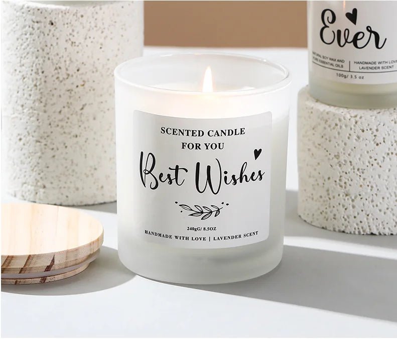 Handmade Soy Wax Aromatherapy Candles Frosted Glass Cups High-End Wooden Lid Smokeless for Home Bedroom Gifts for Diwali Ramadan