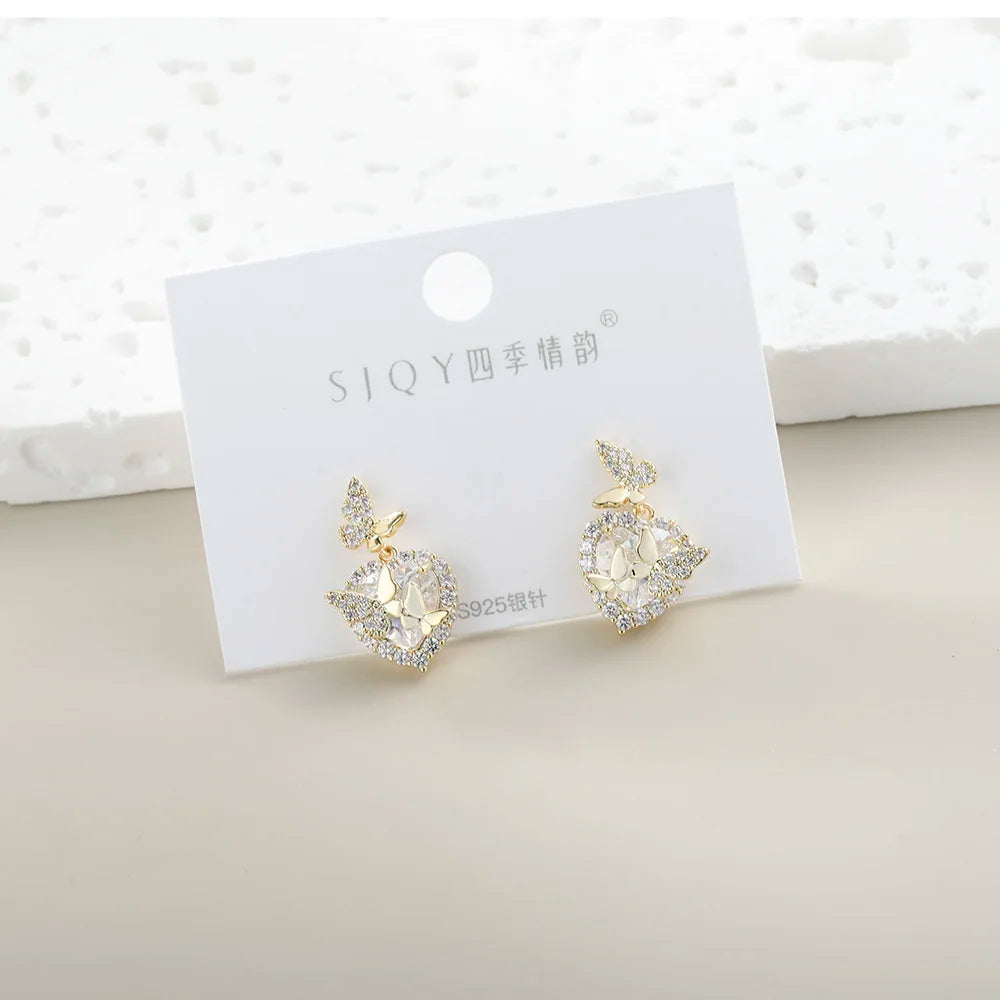 New Design Fashion Gold Silver and Rose Gold Plated Brass and Zircon Butterfly Shape Stud Earrings Cute Style Stud Earrings