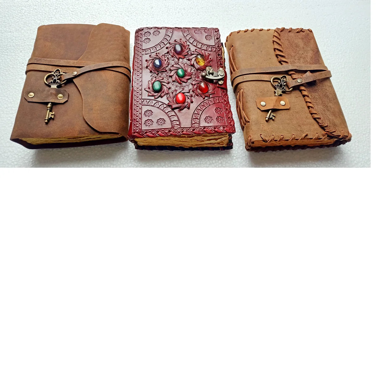 Custom Made Leather Journals with Crazy Horse Finish Side Stitch 7 Chakra Stone Gemstone Agate Folding Design-Art & Collectible