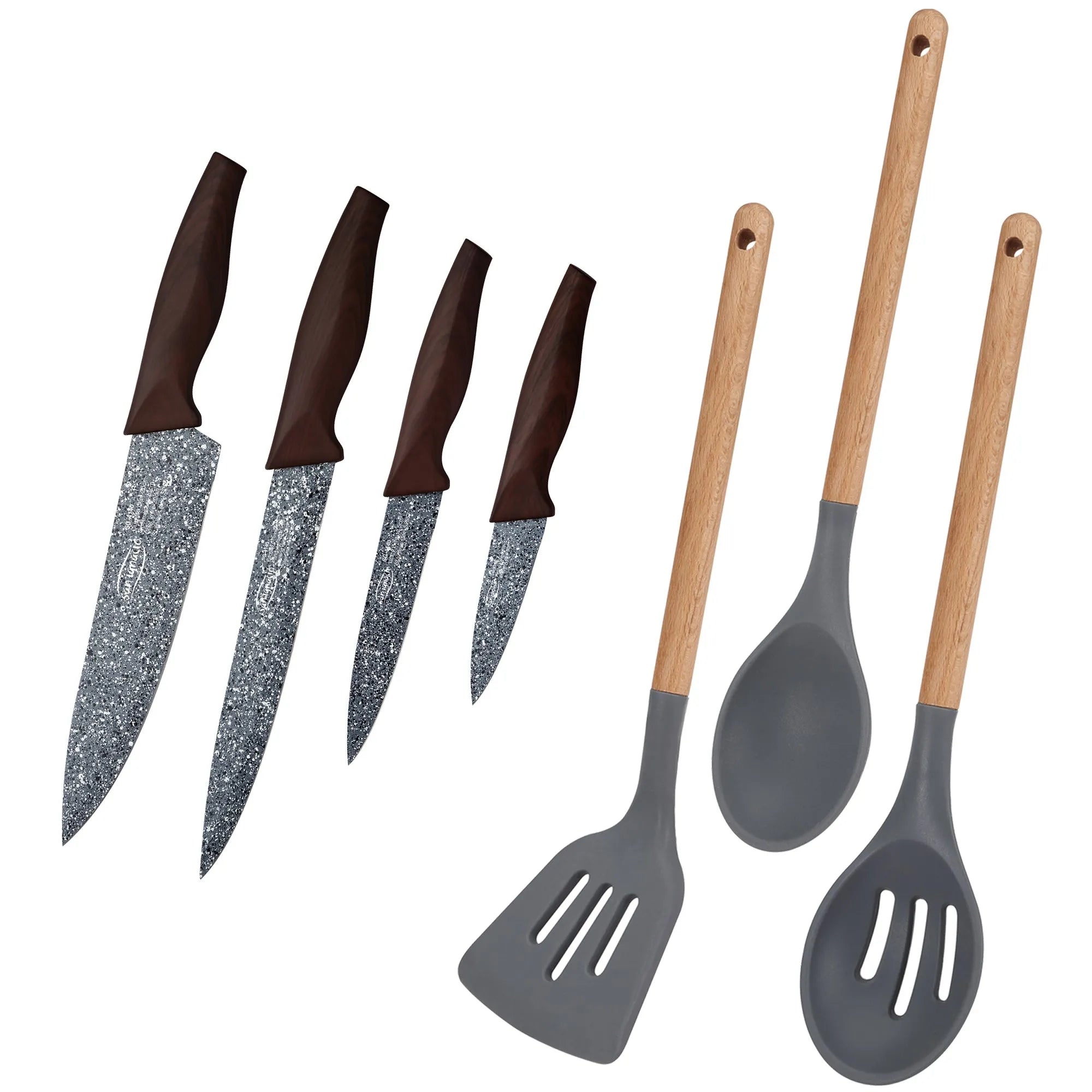 Set of 4 stainless steel kitchen knives and set of 3 kitchen utensils Daimiel collection