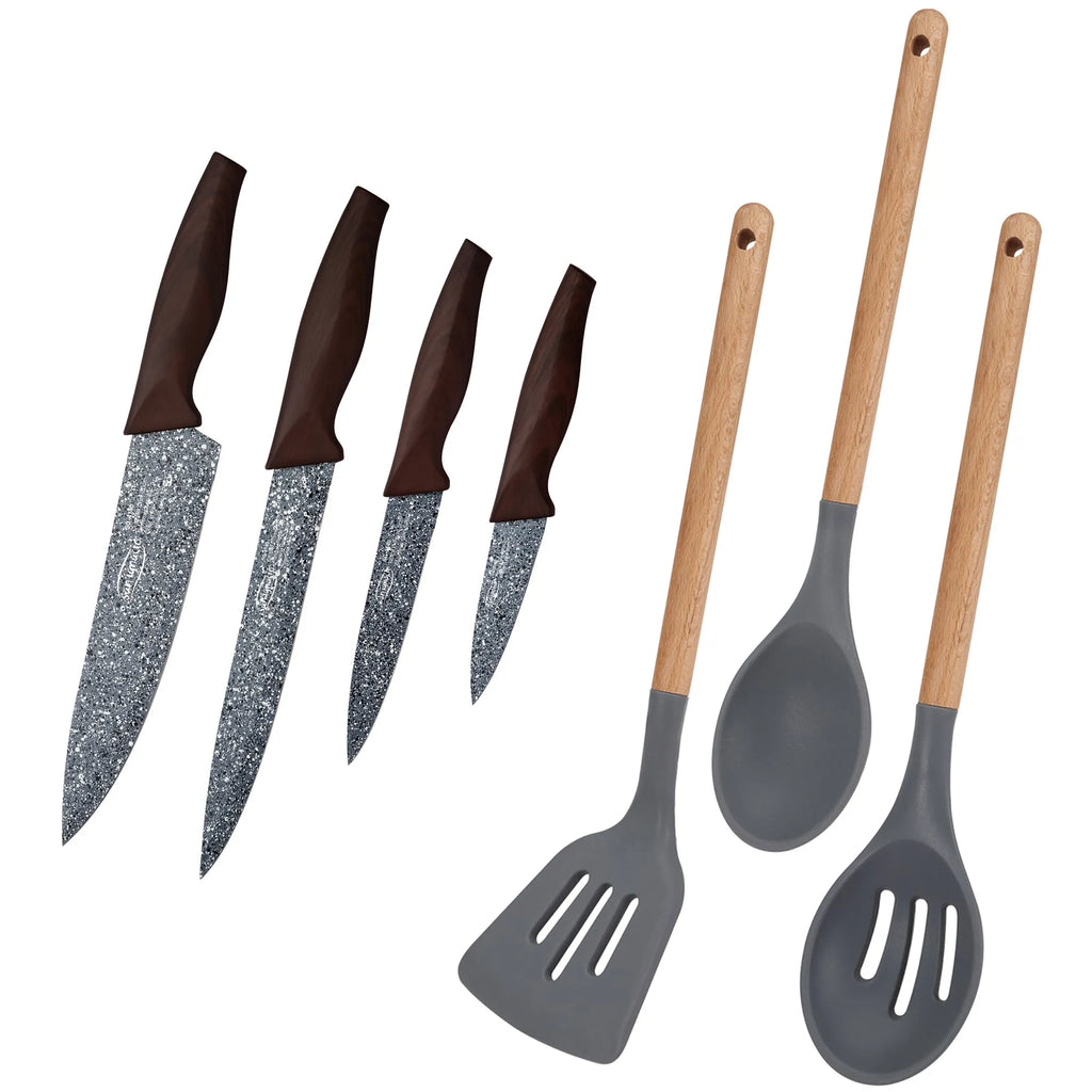 Set of 4 stainless steel kitchen knives and set of 3 kitchen utensils Daimiel collection