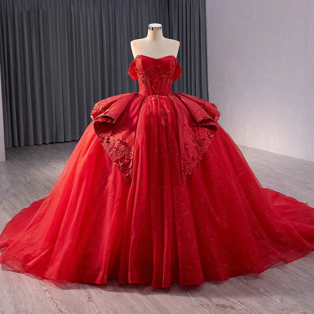 Jancember 241047 Princess Sequins Appliqued Flower Red Ball Gown Evening Party Dresses