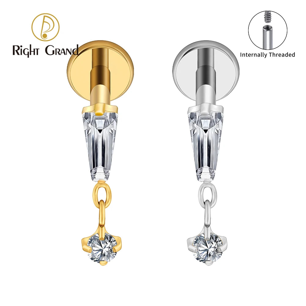 Baguette Cartilage Earring 16G CZ Dangle ASTM F136 Titanium Helix Earlobe Labret Stud Flat Back Piercing Jewelry