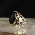 Custom Logo Azuris VALKH1496 925 Sterling Silver Ottoman Style Men's Ring Naturel Black Stone Handmade in Turkey