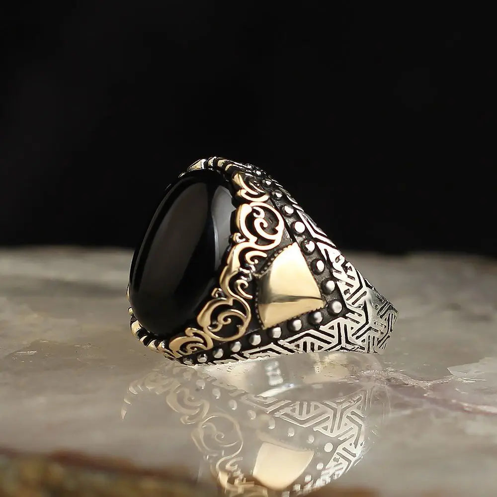 Custom Logo Azuris VALKH1496 925 Sterling Silver Ottoman Style Men's Ring Naturel Black Stone Handmade in Turkey