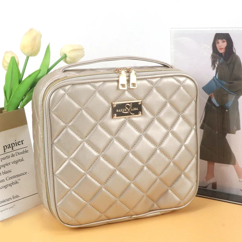 Zippered Vintage Fashion Lady Makeup Case Lighted HD Mirror Adjustable Cosmetic Toiletry Bag Durable Multi-Compartment Gift for