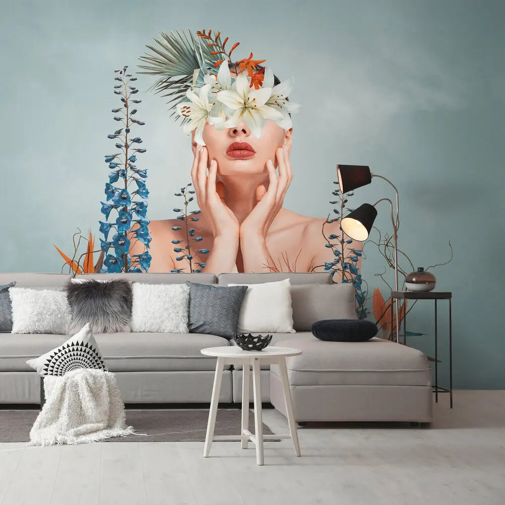 Made in Germany Photo Wallpaper Murals Woman Blue Beige Green Orange Non Woven Vinyl Wall Mural Floral for Hotel - 371 x 280 m