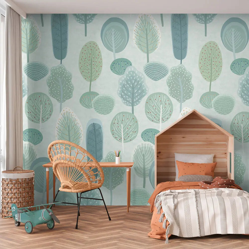 Germany Made Photo Wallpaper Murals for Kids' Bedroom Dining Room Forest Blue Green Large Format Non Woven Wall Mural