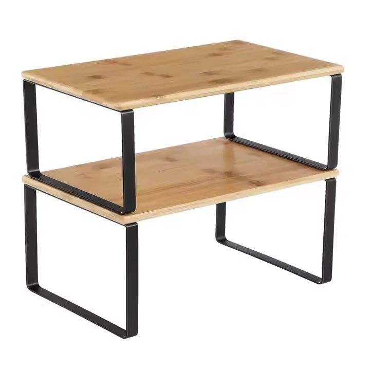 2-Piece Stackable & Expandable Bamboo Modular Kitchen Storage Rack Double-Tier Cabinet Organizer Table Set for Spices