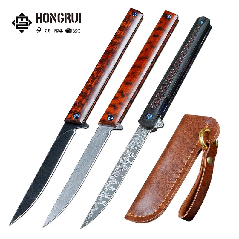 Hongrui New Design CNC M390 Powder Steel and Damascus Steel Outdoor Folding Knife Survival Knife Carbon Fiber and Wood Handle