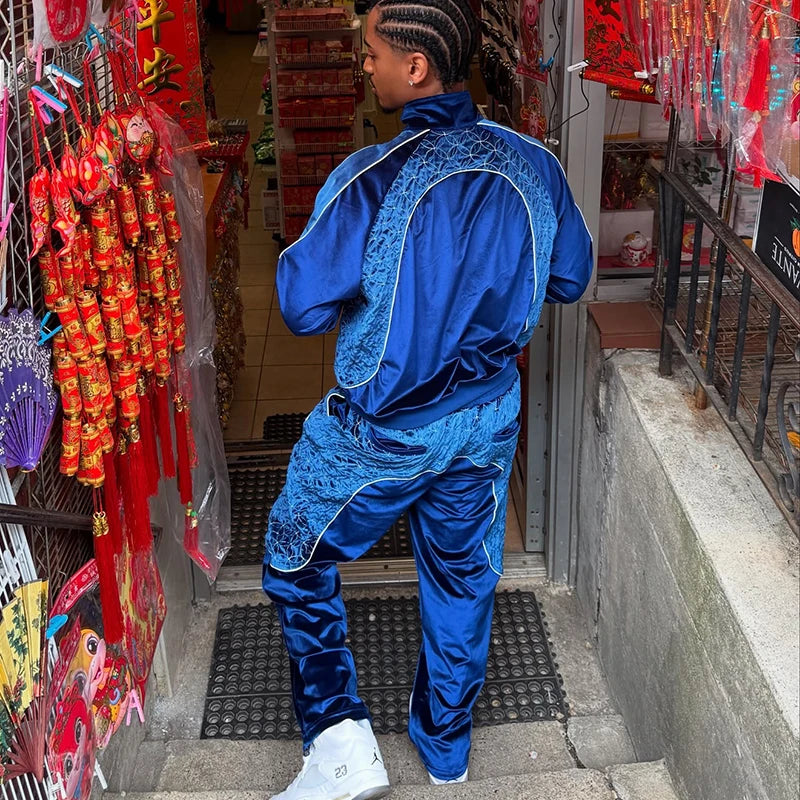 Custom Zip up Streetwear Patchwork Color Block Tracksuit Embroidery Velour Sweatsuit Track Sweatshirt and Pants Set for Men MegaBDM