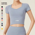 Women's New Spliced Yoga Fitness Top Short-Sleeved Pure Color Quick Dry Breathable Lightweight Seamless for Adults Slimming