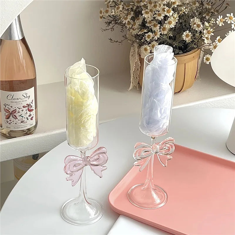 Handmade 160ml Modern Design for Champagne Flute Customized Glass with Elegant Bowknot on the Stem