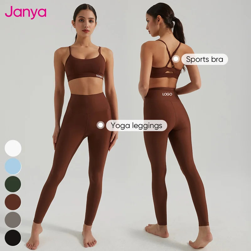 Janya Women's High Waist Gym Fitness Set Breathable Yoga Leggings & Sports Bra Adjustable Straps Solid Top Yoga Set for Adults