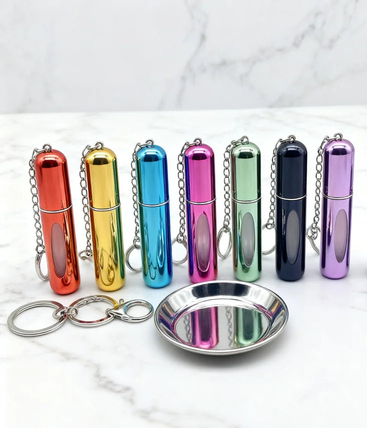 Popular 5ml Aluminum Perfume Bottle with Rings Portable Key Ring Pump Sprayer Essential Oil Skin Care Plastic Collar Luxury Gift