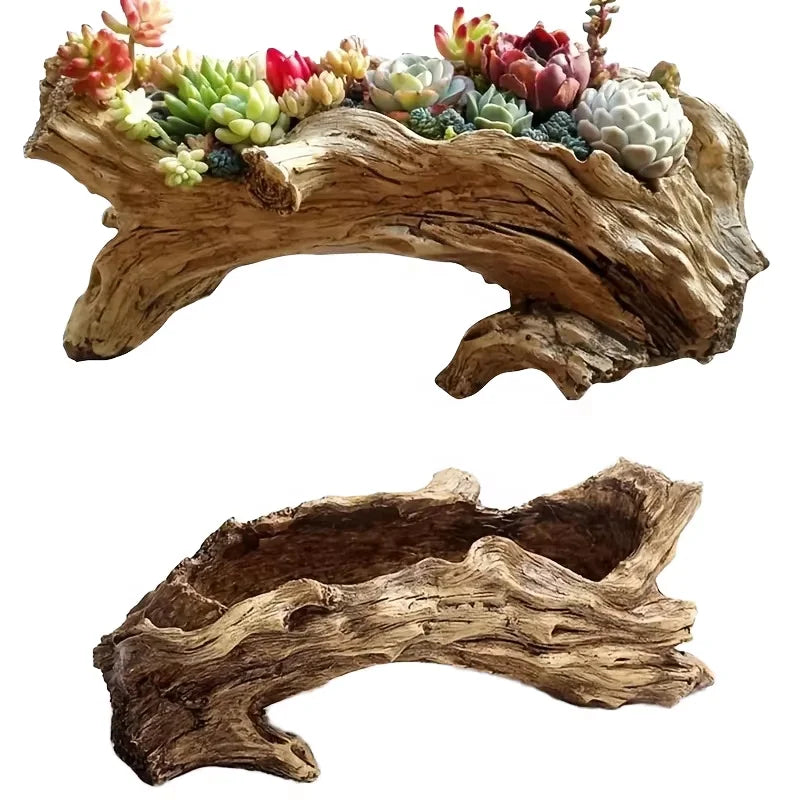 Rustic Handcrafted Cement Tree Stump Indoor Plant Pot Drainage Hole for Succulents Artificial Flowers Durable Eco-Friendly Home