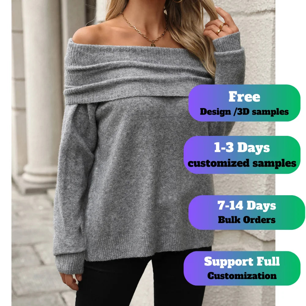 New Women's Casual Loose Sweater Solid Color High Collar Off-Shoulder Design for Spring Autumn Winter Knitwear with Front Logo