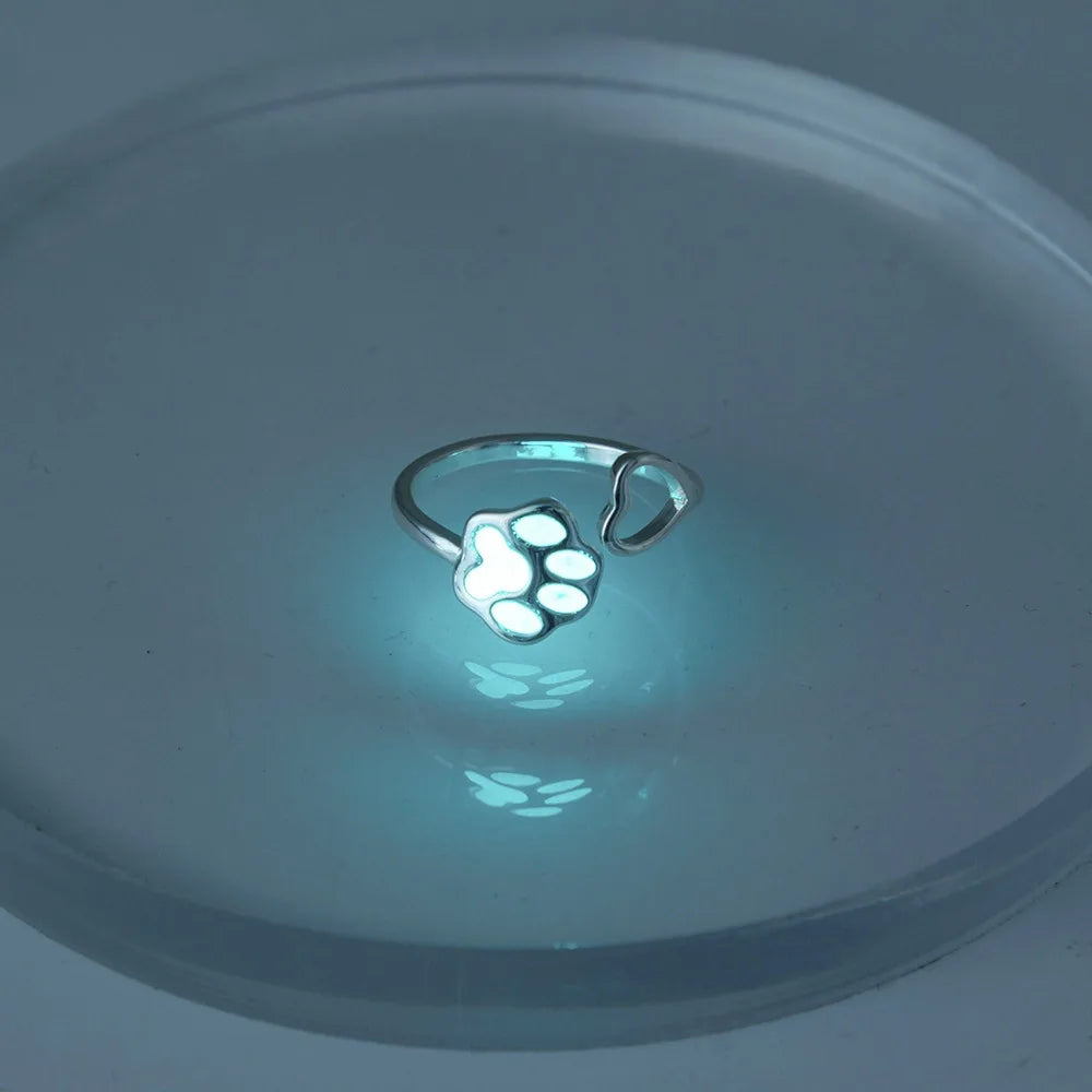Copper Alloy Metal Jewelry Fashion Animal Cute Pet Paw Design Women Noctilucent Fluorescence Rings Jewelry