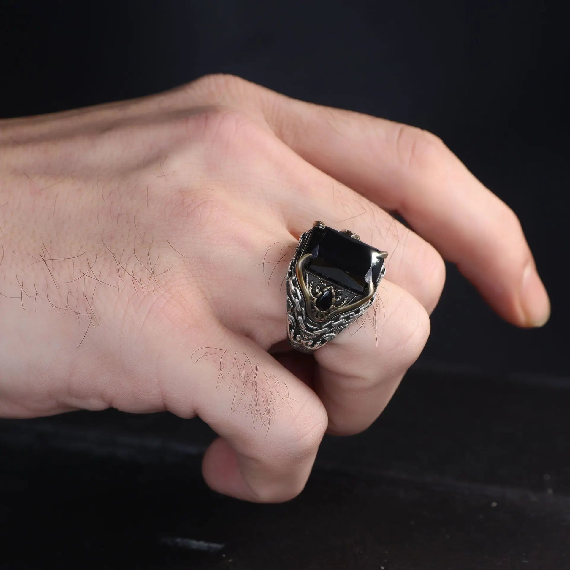 Azuris VALKH1541 Custom Logo 925 Sterling Silver Ottoman Style Men's Ring Naturel Black Stone Handmade in Turkey