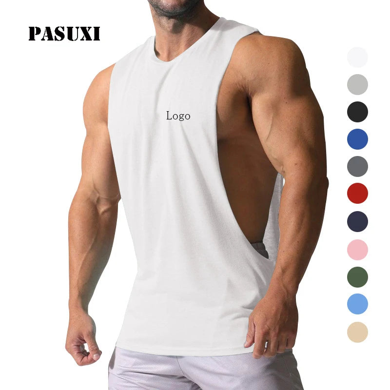 PASUXI Men's Workout Vest Wide Shoulder Loose Gym Sleeveless Top with Side Slit Breathable Solid Color Waistcoat for Training