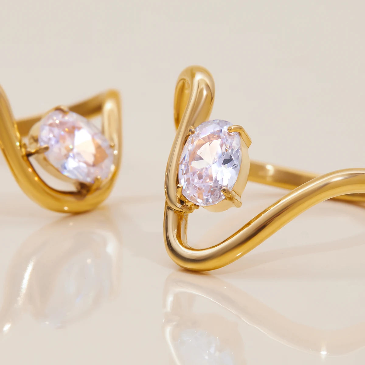 J&D New Irregular 18K Pleated Stainless Steel  Abstract Inlaid Zircon Ring Set Jewelry for Women