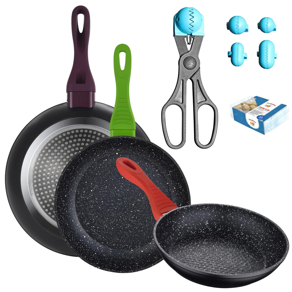 3-PACK OF FORGED ALUMINUM FRYING PANS (20/24/28CM) + MULTI-PURPOSE UTENSIL WITH 4 INTERCHANGEABLE MOLDS AND 20 STORAGE TRAYS