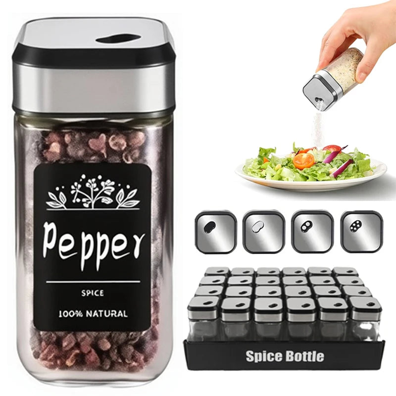 120ml Salt and Pepper Shakers with Adjustable Pour Holes 6 12 24 Square Glass Spice Jars Set with Rotating Stainless Steel Lids
