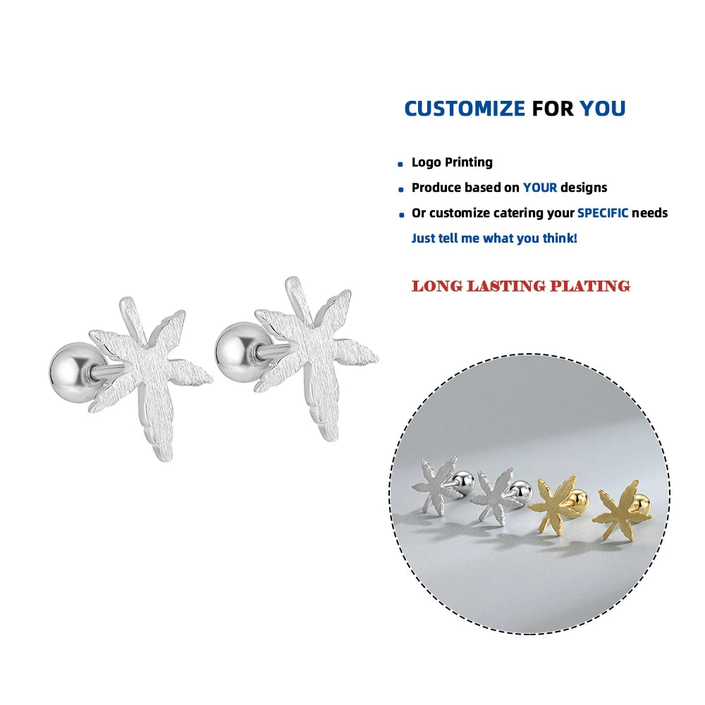 LE170 925 Sterling Silver Tiny Frosted Maple Leaf Minimalist Vintage Fashion Fine Jewelry Gold Plated Screw Back Earring Women