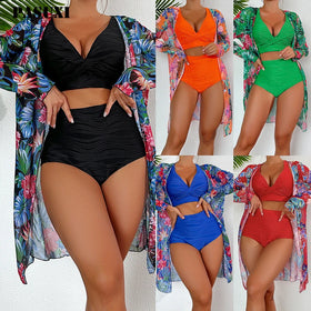 PASUXI New Trendy Women Printed Bikini Set 3 Pieces Swimsuit Bikini With Cover up Long Sleeve Swimwear Beachwear Sexy