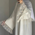 Women's Summer Traditional Flower Embroidery Muslim Clothing Accessory Daisy Nida Lace Abaya Medina Silk White Dress