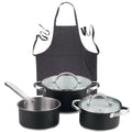 5-piece cookware set (2 saucepans with lids + saucepan) stainless steel with coating + Dark gray 100% cotton kitchen apron