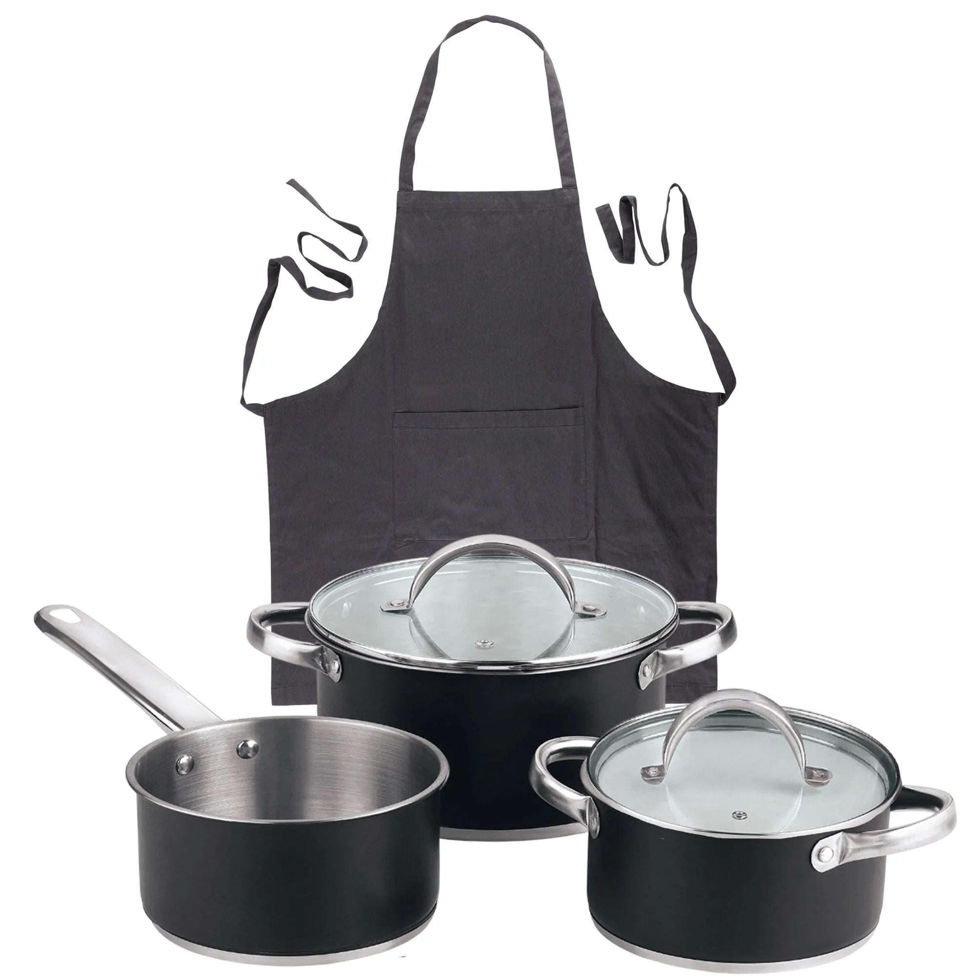 5-piece cookware set (2 saucepans with lids + saucepan) stainless steel with coating + Dark gray 100% cotton kitchen apron