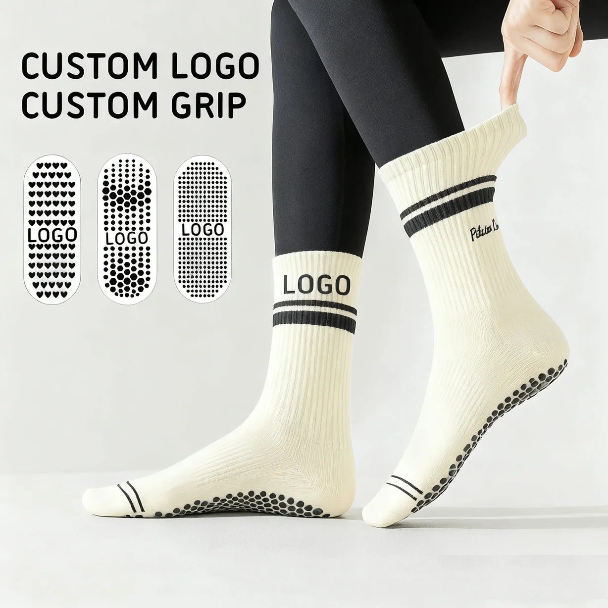 Cotton Bamboo Crew Beige Pilates Socks Custom Design Logo Anti-slip Gym Pilates Socks Custom