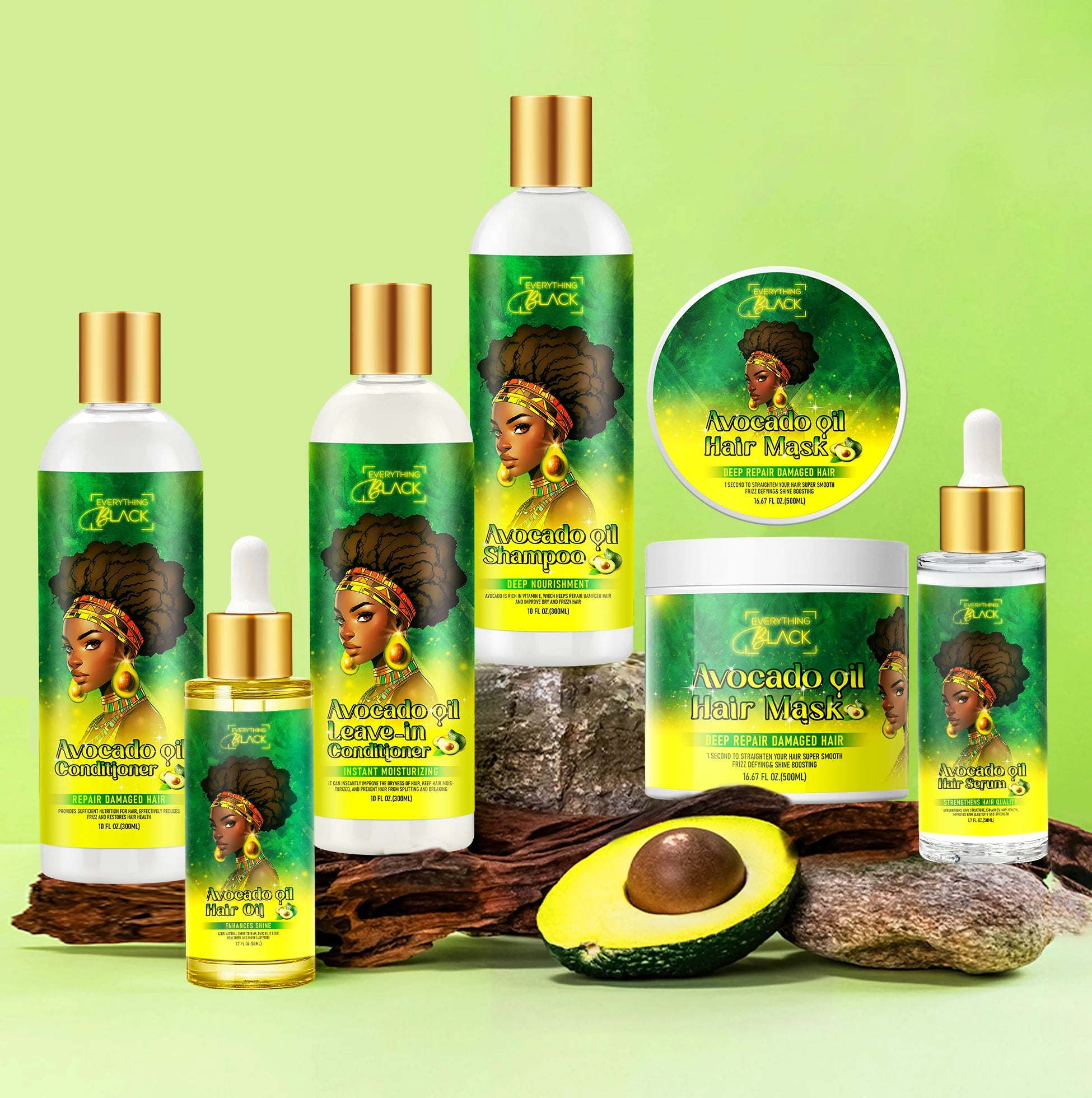 EverythingBlack Private Label Natural Organic Afro Avocado Oil Strengthen and Heal Hair Care Sets (new)